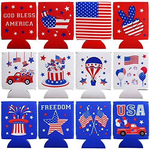 Tifeson 4th of July Decorations Outdoor, Patriotic Party Favors Supplies July 4th Decorations for Outside - 12 PACK USA Patriotic Koozies Insulated Covers Beer Can Cooler Sleeves for Independence Day