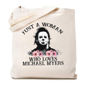 just a woman who loves michael myers flowers halloween shoulder bag scary movie cotton reusable tote bag (beige), 13.5 x 15.8 inches