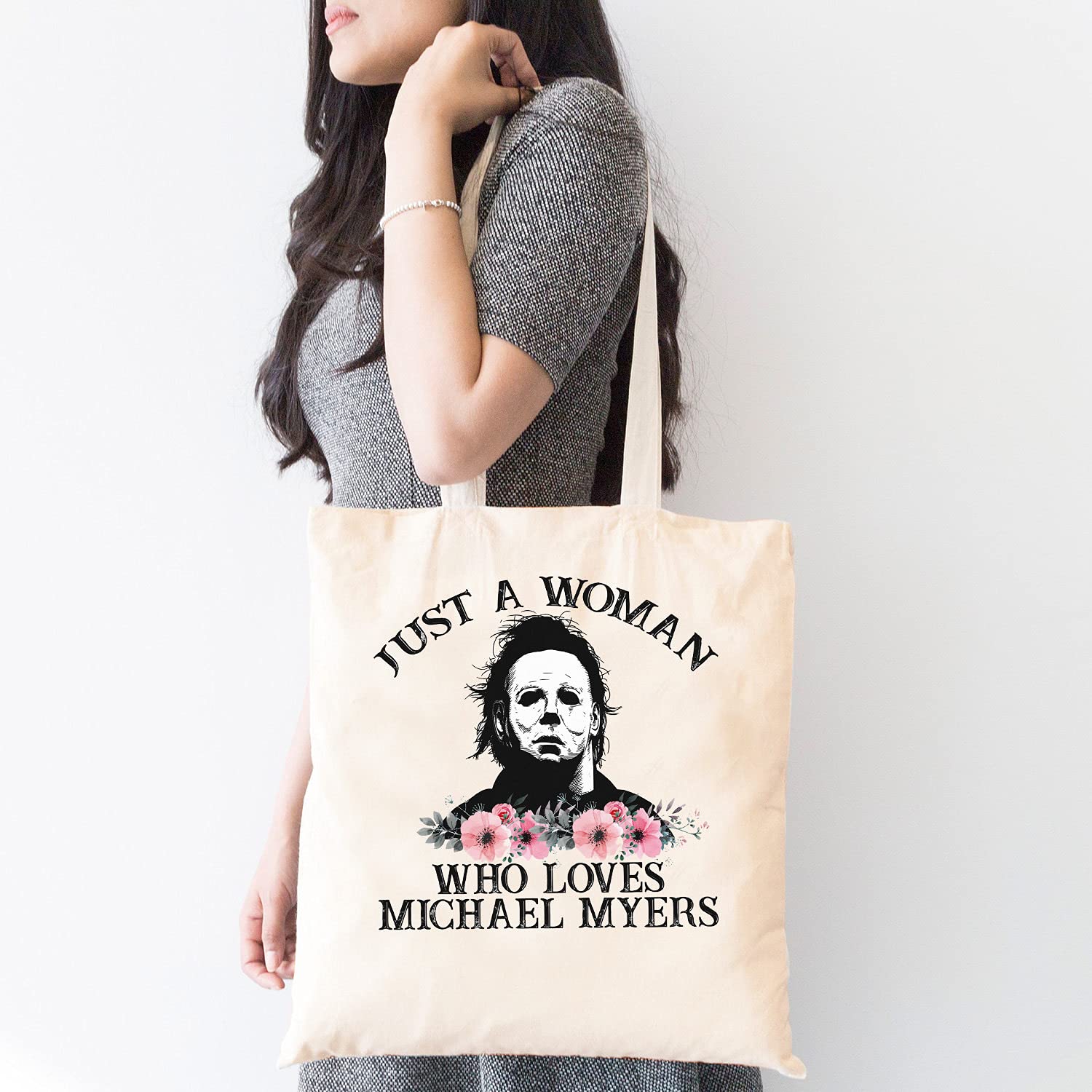 Just A Woman Who Loves Michael Myers Flowers Halloween Shoulder Bag Scary Movie Cotton Reusable Tote Bag (Beige), 13.5 x 15.8 inches