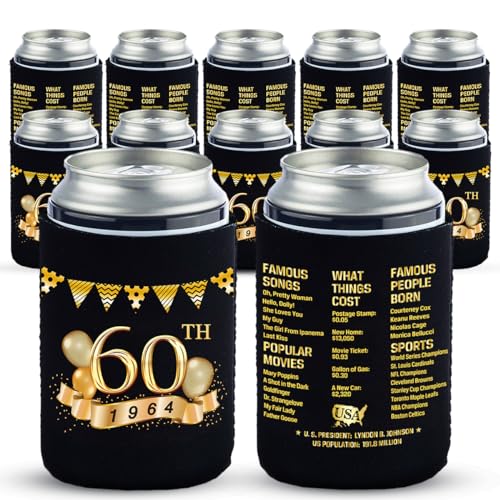 60th Birthday Can Cooler Sleeves Pack of 12-1964 Sign -60th Anniversary Decorations - Dirty 60th Birthday Party Supplies - Black and Gold Sixtieth Birthday Cup Coolers