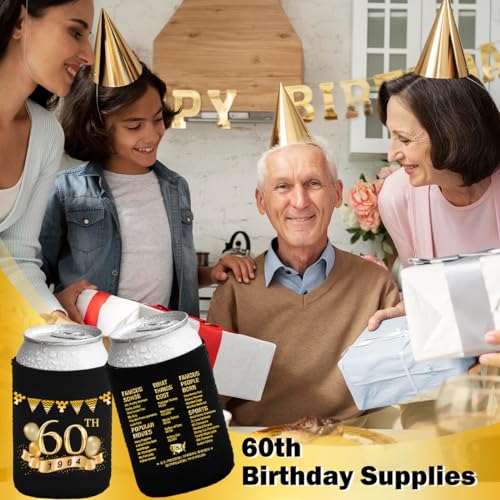 60th Birthday Can Cooler Sleeves Pack of 12-1964 Sign -60th Anniversary Decorations - Dirty 60th Birthday Party Supplies - Black and Gold Sixtieth Birthday Cup Coolers