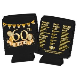 60th Birthday Can Cooler Sleeves Pack of 12-1964 Sign -60th Anniversary Decorations - Dirty 60th Birthday Party Supplies - Black and Gold Sixtieth Birthday Cup Coolers