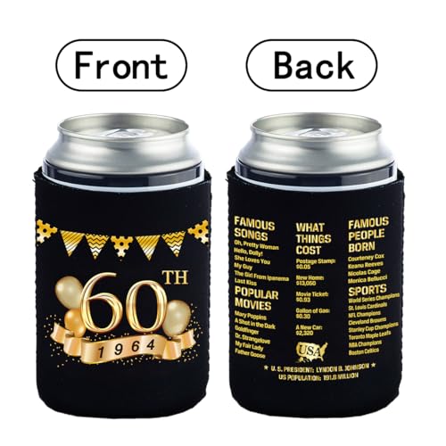 60th Birthday Can Cooler Sleeves Pack of 12-1964 Sign -60th Anniversary Decorations - Dirty 60th Birthday Party Supplies - Black and Gold Sixtieth Birthday Cup Coolers