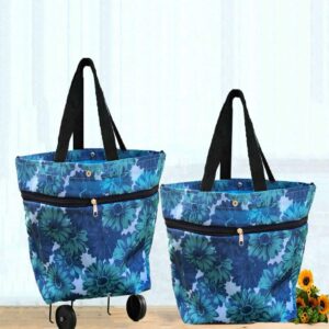 Cowinbest Collapsible Trolley Bags Folding Shopping Bag with Wheels Foldable Shopping Cart Reusable Shopping Bags Grocery Bags Shopping Trolley Bag on Wheels(Blue) Large