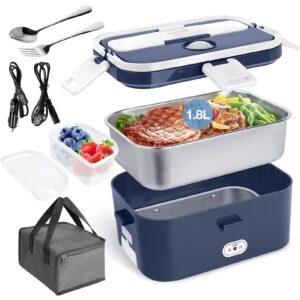 lhmtqvk electric lunch box, portable food warmer, heated lunch box, lunch containers lunch warmer for adults, 60w 1.8l 12v-24v 110v 3-in-1 portable microwave food heater (white+royal blue)