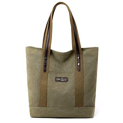 ACANICA Canvas Tote Bag for Women, Handbags Big Shopping Shoulder Bag with Pocket(green)