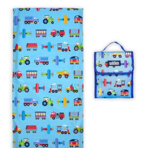 wildkin kids lunch bag with cotton nap mat cover (trains, planes & trucks)
