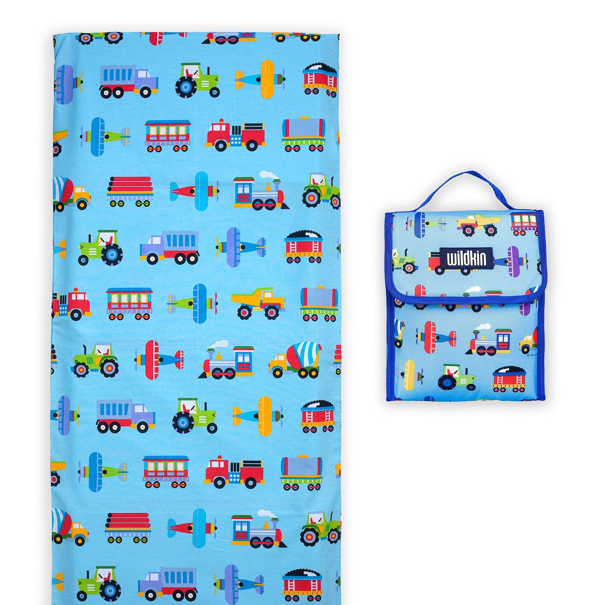 Wildkin Kids Lunch Bag with Cotton Nap Mat Cover (Trains, Planes & Trucks)