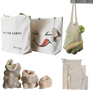 organic cotton grocery bag value bundle: durable washable canvas totes, mesh bags w/tare weight labels- 6pcs