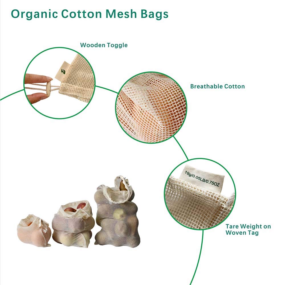 Organic Cotton Grocery Bag Value Bundle: Durable Washable Canvas Totes, Mesh Bags w/tare weight labels- 6pcs