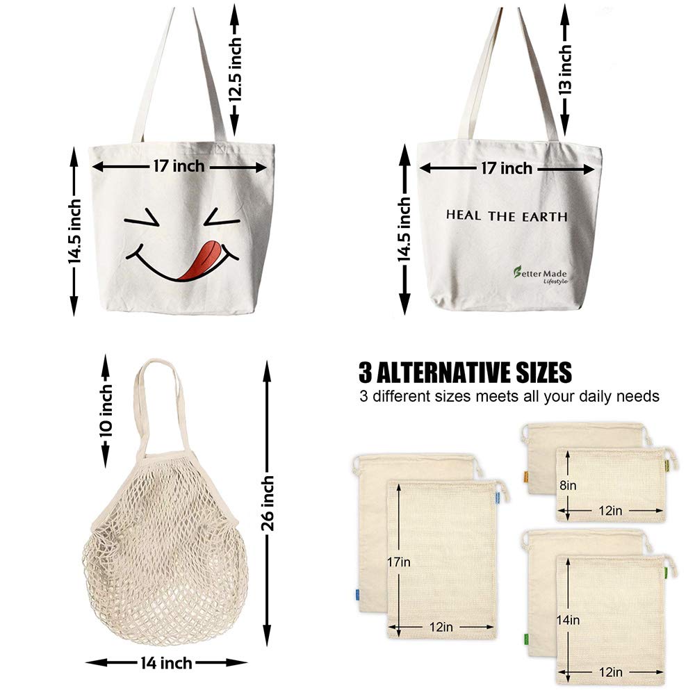 Organic Cotton Grocery Bag Value Bundle: Durable Washable Canvas Totes, Mesh Bags w/tare weight labels- 6pcs