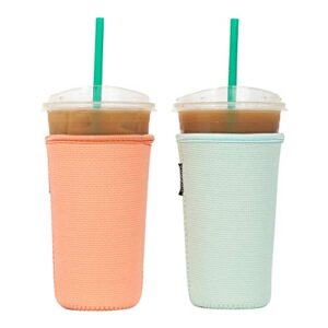 baxendale iced coffee sleeve for cold drink cups - 2 pack neoprene iced coffee sleeve cup sleeves for cold drinks, reusable compatible with starbucks dunkin - large 32oz (peach & mint textured)