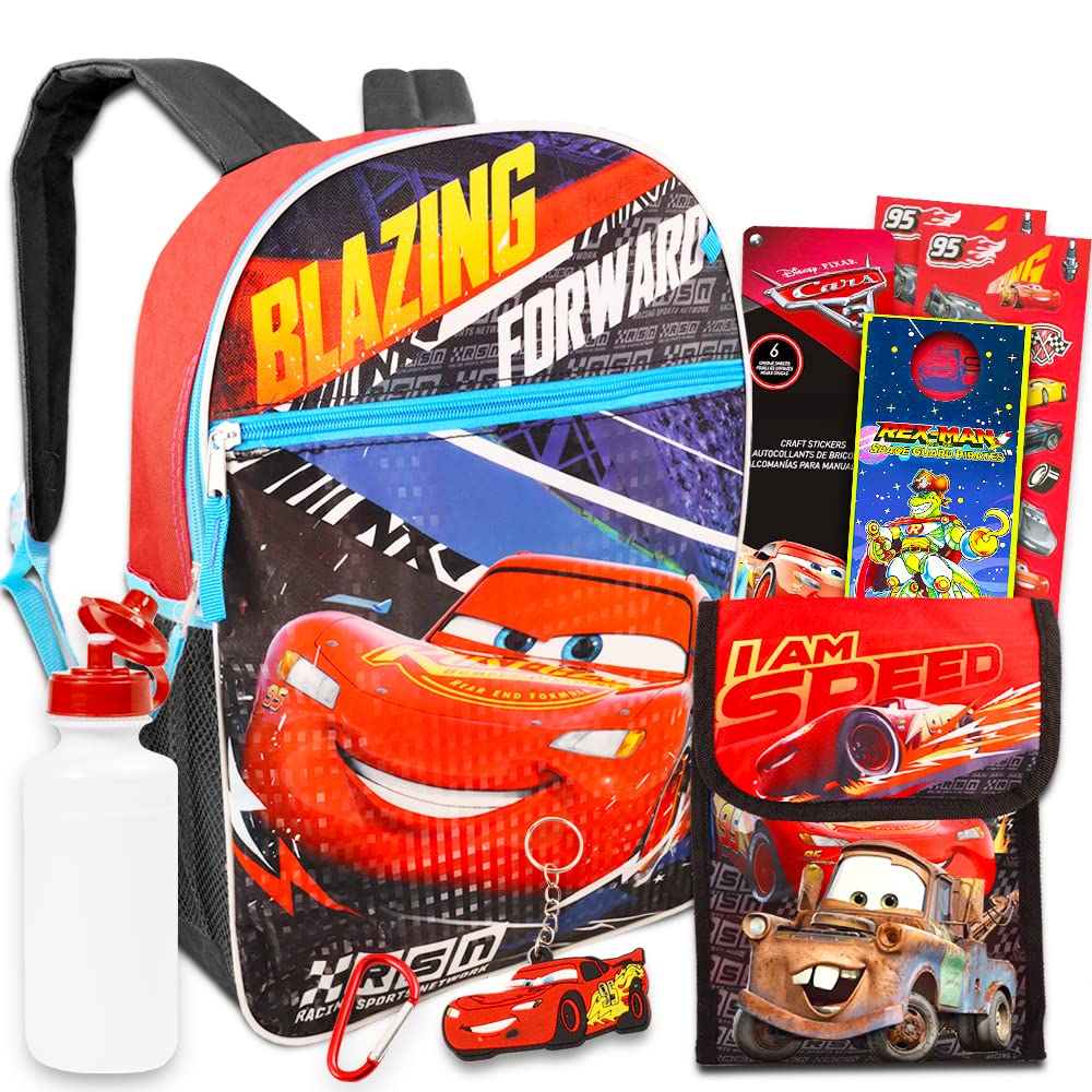 Disney Cars Backpack and Lunch Box School Set for Boys Kids ~ Deluxe 16 Inch Disney Cars School Bag with Insulated Lunch Box, Water Bottle, Keychain, Stickers, More (Disney Cars School Supplies)