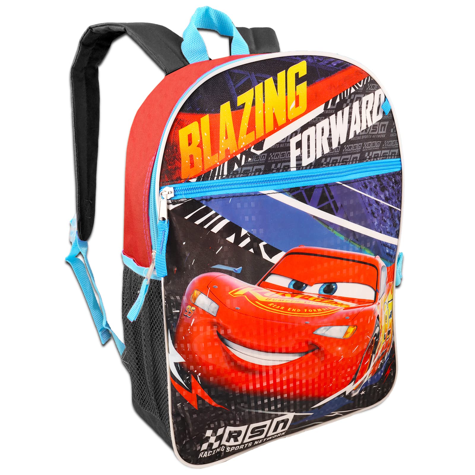 Disney Cars Backpack and Lunch Box School Set for Boys Kids ~ Deluxe 16 Inch Disney Cars School Bag with Insulated Lunch Box, Water Bottle, Keychain, Stickers, More (Disney Cars School Supplies)