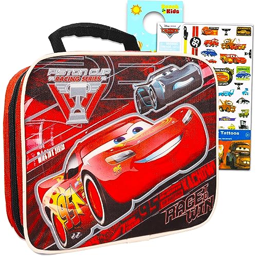 Disney Cars Reversible Lunch Bag with Bonus Tattoos and More (Boys Girls Kids Disney Cars School Supplies)