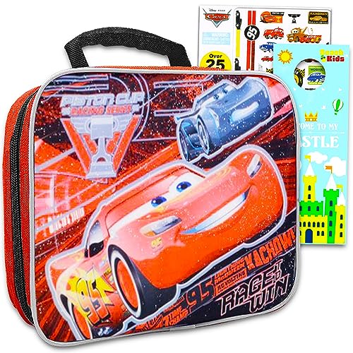 Disney Cars Reversible Lunch Bag with Bonus Tattoos and More (Boys Girls Kids Disney Cars School Supplies)