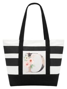 parbee initial canvas tote bag, stripe & floral monogrammed tote bag with pocket top zipper, large beach bags monogram gift for women bridal shower wedding birthday mom teachers, d