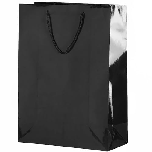 Luxurious Black Medium Solid Glossy Gift Bag - 9.25" x 7.75" x 4.5" (1 Pc.) - Durable, Elegant & Eco-Friendly - Ideal for All Occasions