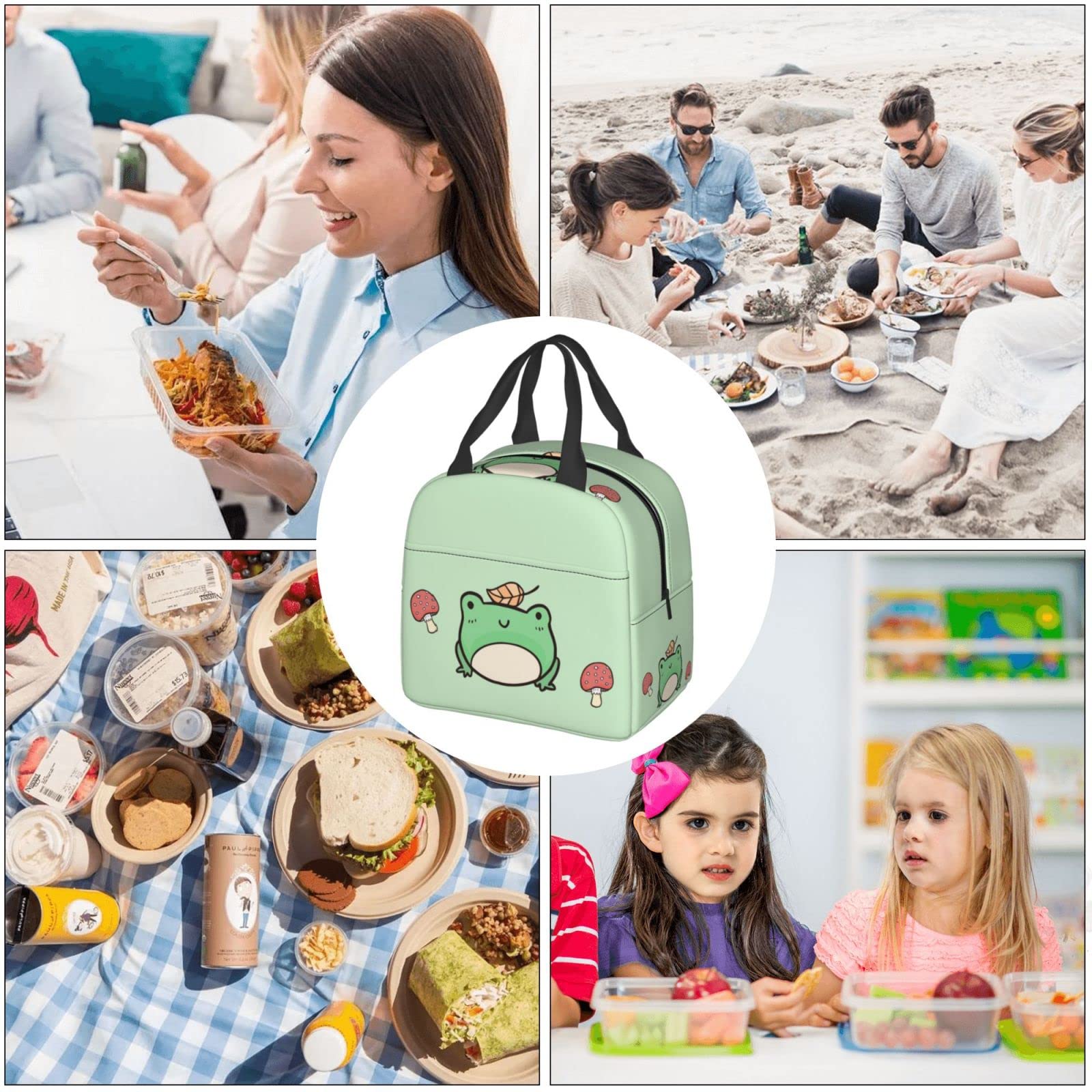 Insulated Lunch Bag Reusable Lunch Box for Women Men, Cooler Lunch Tote Bag Picnic Office Work, Cute Mushroom and Frog Gift