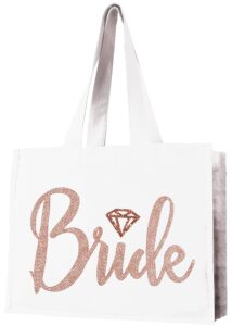 rose gold bride tote bag - giant brides tote with diamond motif, bridal shower gift & bridal accessories - white tote(dbride rsg) wht