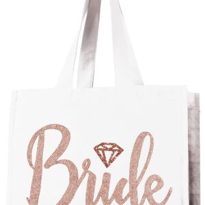 Rose Gold Bride Tote Bag - Giant Brides Tote with Diamond Motif, Bridal Shower Gift & Bridal Accessories - White Tote(DBride RSG) WHT