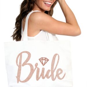 Rose Gold Bride Tote Bag - Giant Brides Tote with Diamond Motif, Bridal Shower Gift & Bridal Accessories - White Tote(DBride RSG) WHT