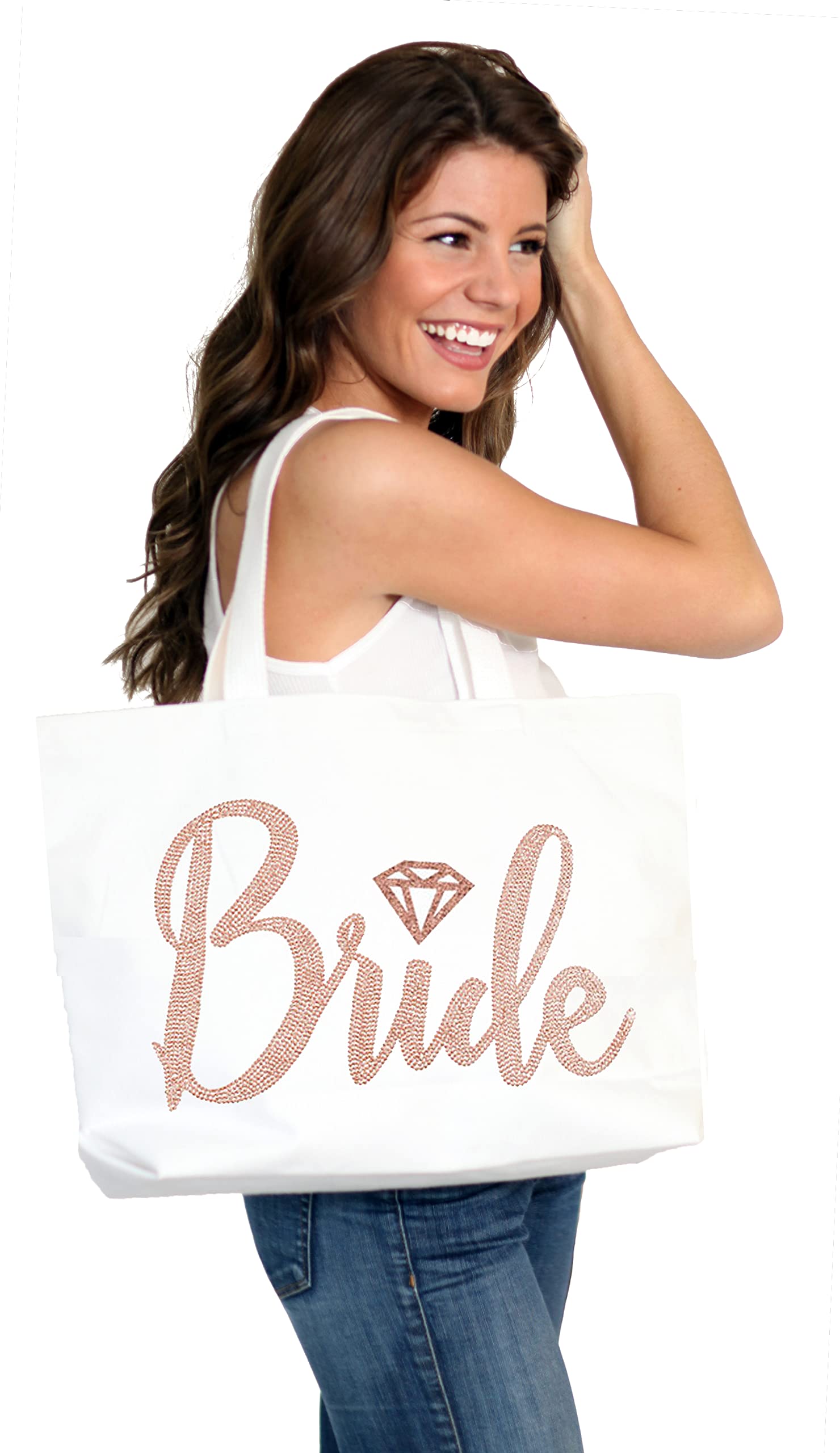 Rose Gold Bride Tote Bag - Giant Brides Tote with Diamond Motif, Bridal Shower Gift & Bridal Accessories - White Tote(DBride RSG) WHT