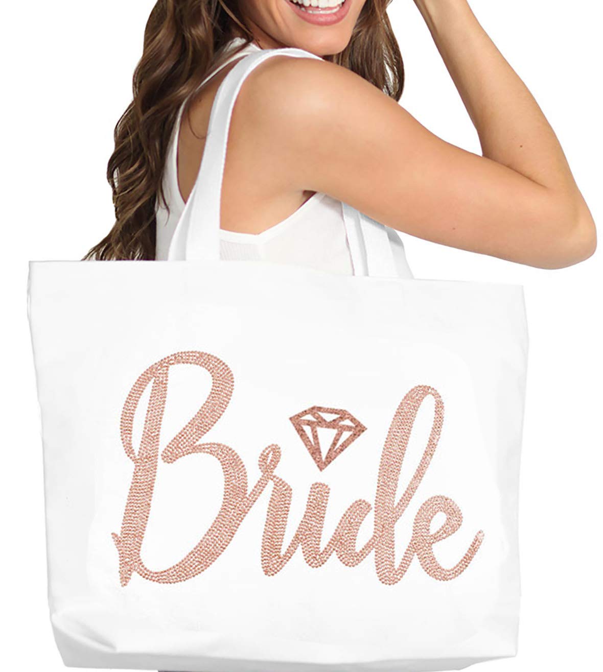 Rose Gold Bride Tote Bag - Giant Brides Tote with Diamond Motif, Bridal Shower Gift & Bridal Accessories - White Tote(DBride RSG) WHT