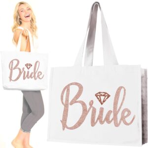 Rose Gold Bride Tote Bag - Giant Brides Tote with Diamond Motif, Bridal Shower Gift & Bridal Accessories - White Tote(DBride RSG) WHT