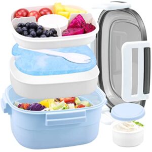 fithome freezer lunch box container,1.3l reusable salad lunch containers with built-in ice pack & fork,leakproof,bpa-free-3 compartments for adults