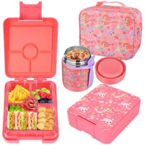 bento lunch box set for kids with 10oz soup thermo, leak-proof lunch containers with 4 compartment, kids thermo hot food jar and insulated lunch bag for kids to school,bpa-free(mermaid)