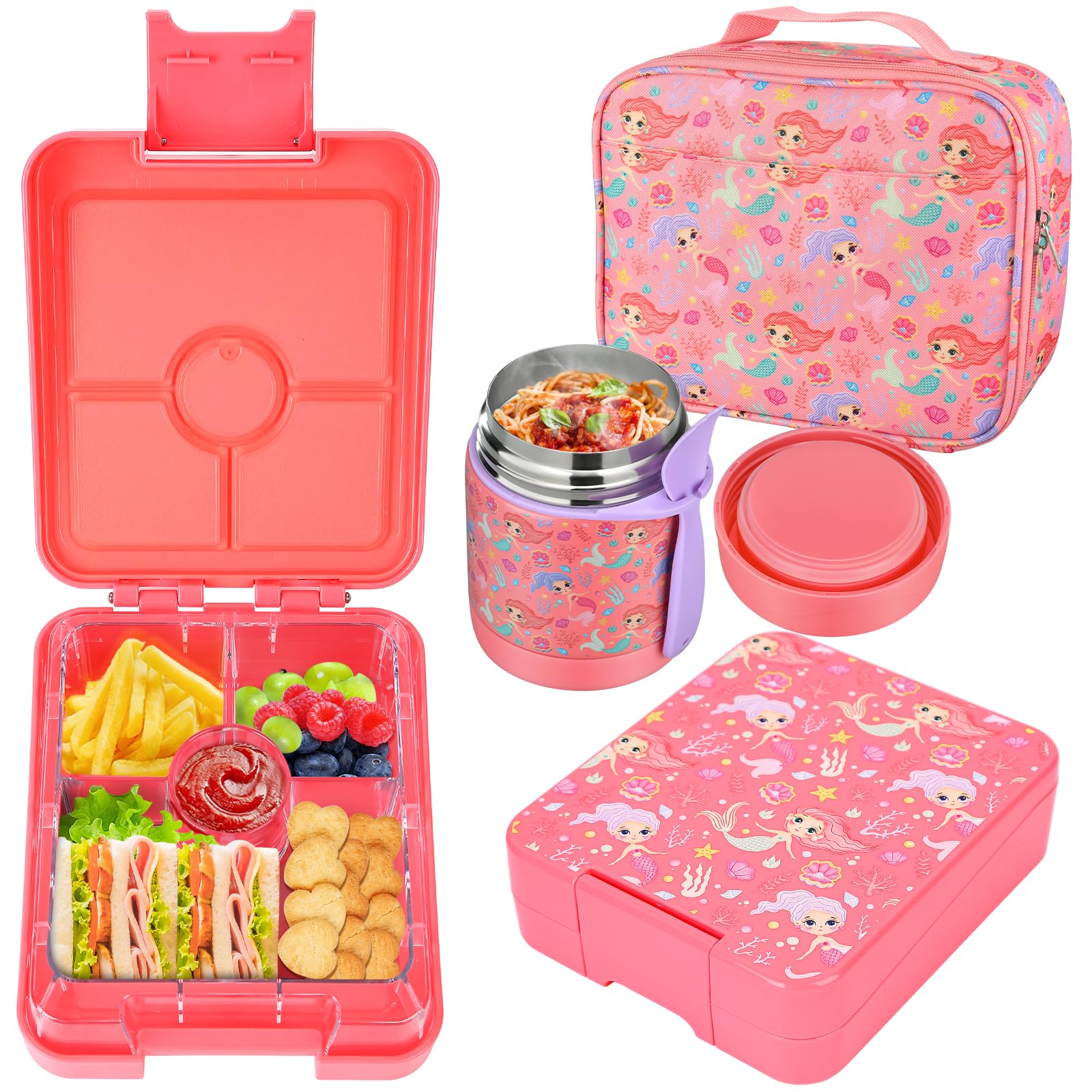 Bento Lunch Box Set for Kids with 10oz Soup Thermo, Leak-Proof Lunch Containers with 4 Compartment, Kids Thermo Hot Food Jar and Insulated Lunch Bag for Kids to School,BPA-Free(Mermaid)