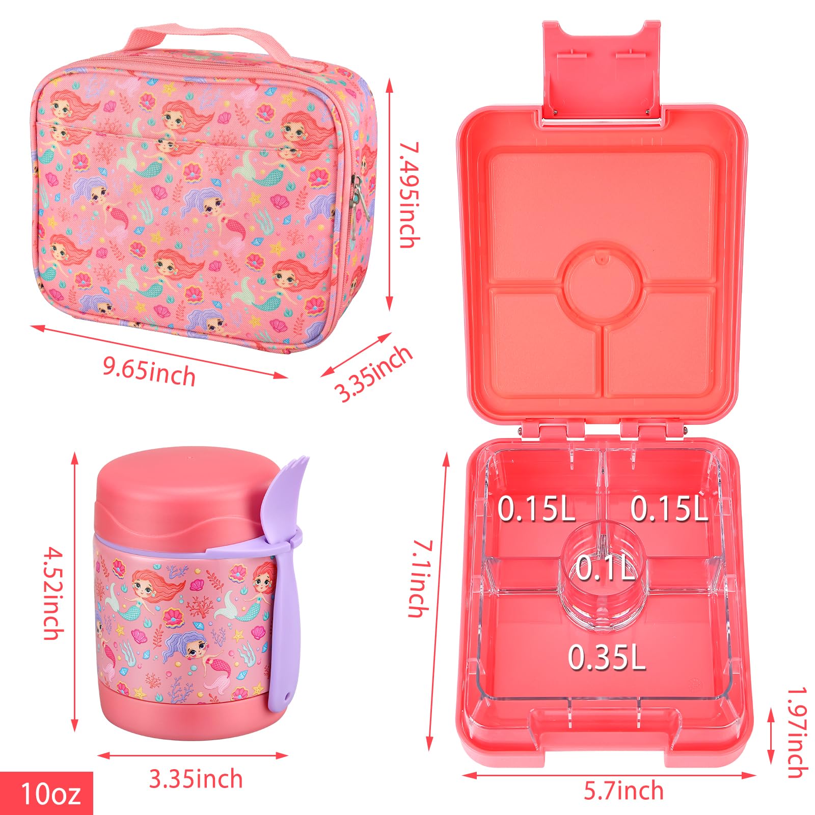 Bento Lunch Box Set for Kids with 10oz Soup Thermo, Leak-Proof Lunch Containers with 4 Compartment, Kids Thermo Hot Food Jar and Insulated Lunch Bag for Kids to School,BPA-Free(Mermaid)