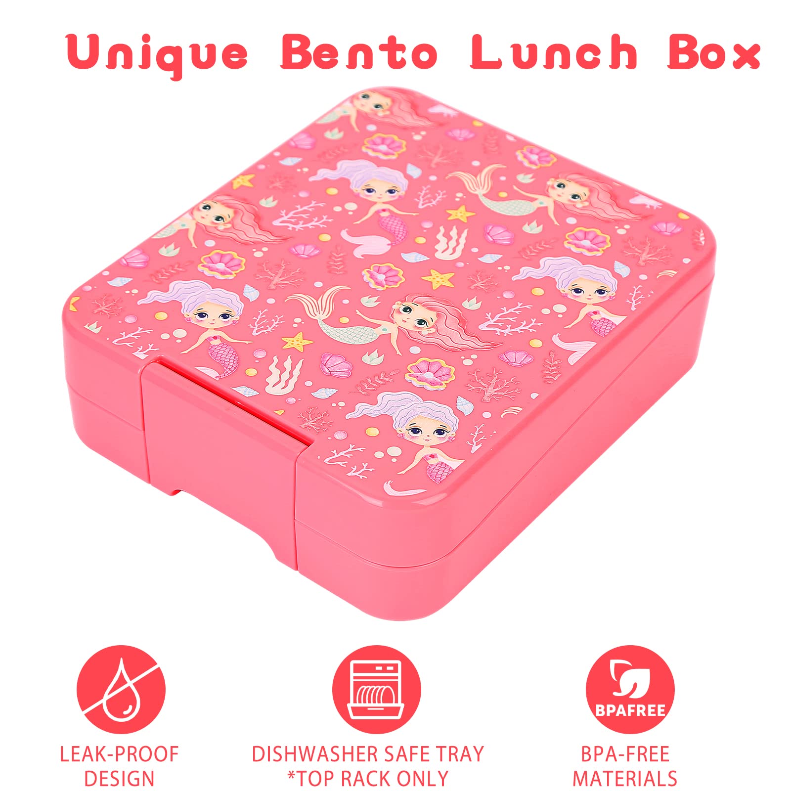 Bento Lunch Box Set for Kids with 10oz Soup Thermo, Leak-Proof Lunch Containers with 4 Compartment, Kids Thermo Hot Food Jar and Insulated Lunch Bag for Kids to School,BPA-Free(Mermaid)