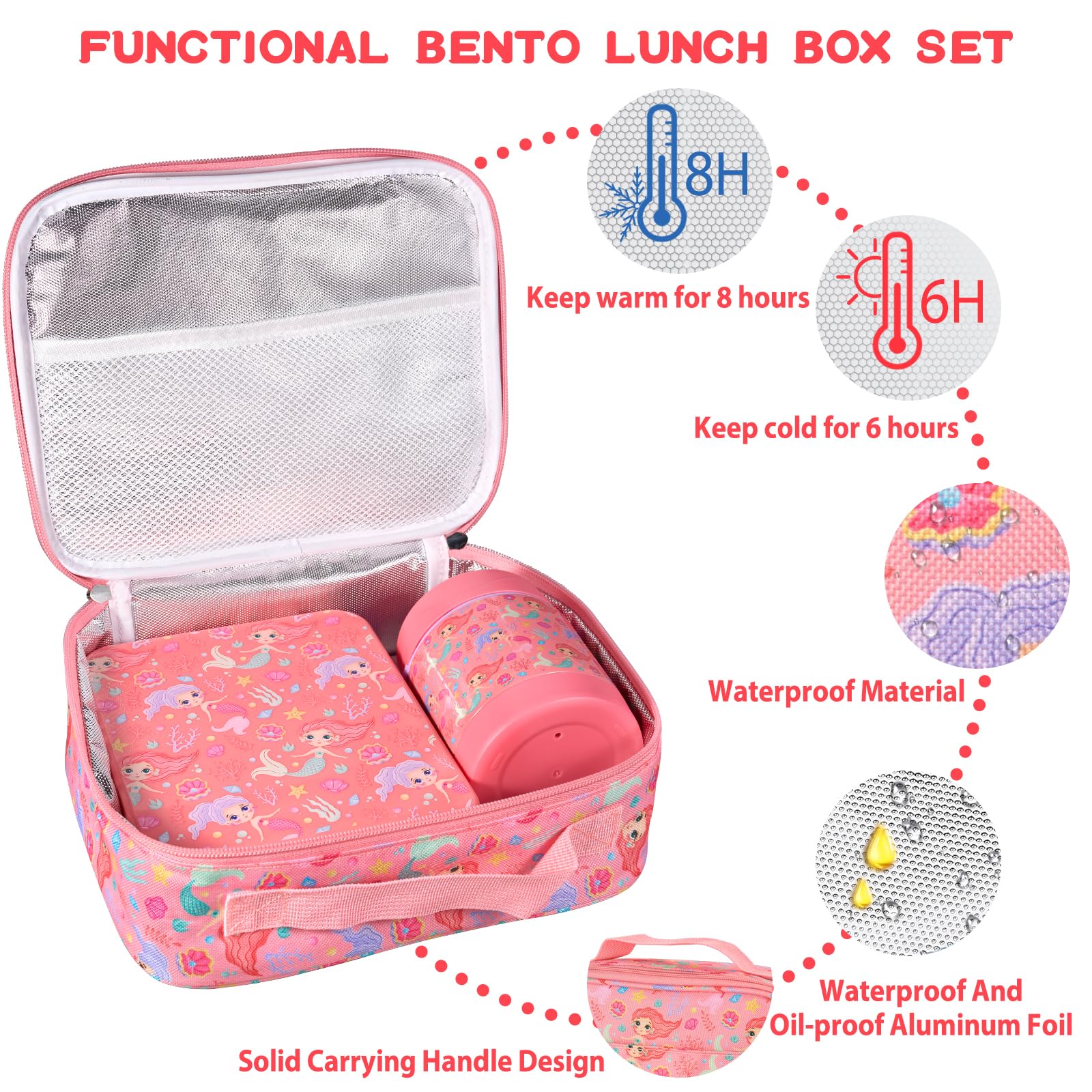 Bento Lunch Box Set for Kids with 10oz Soup Thermo, Leak-Proof Lunch Containers with 4 Compartment, Kids Thermo Hot Food Jar and Insulated Lunch Bag for Kids to School,BPA-Free(Mermaid)