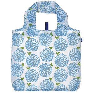 rockflowerpaper reusable grocery bags for shopping - blue hydrangea pattern blu bag - machine washable, foldable, packable tote - large handles - heavy duty and lightweight - zippered top pouch