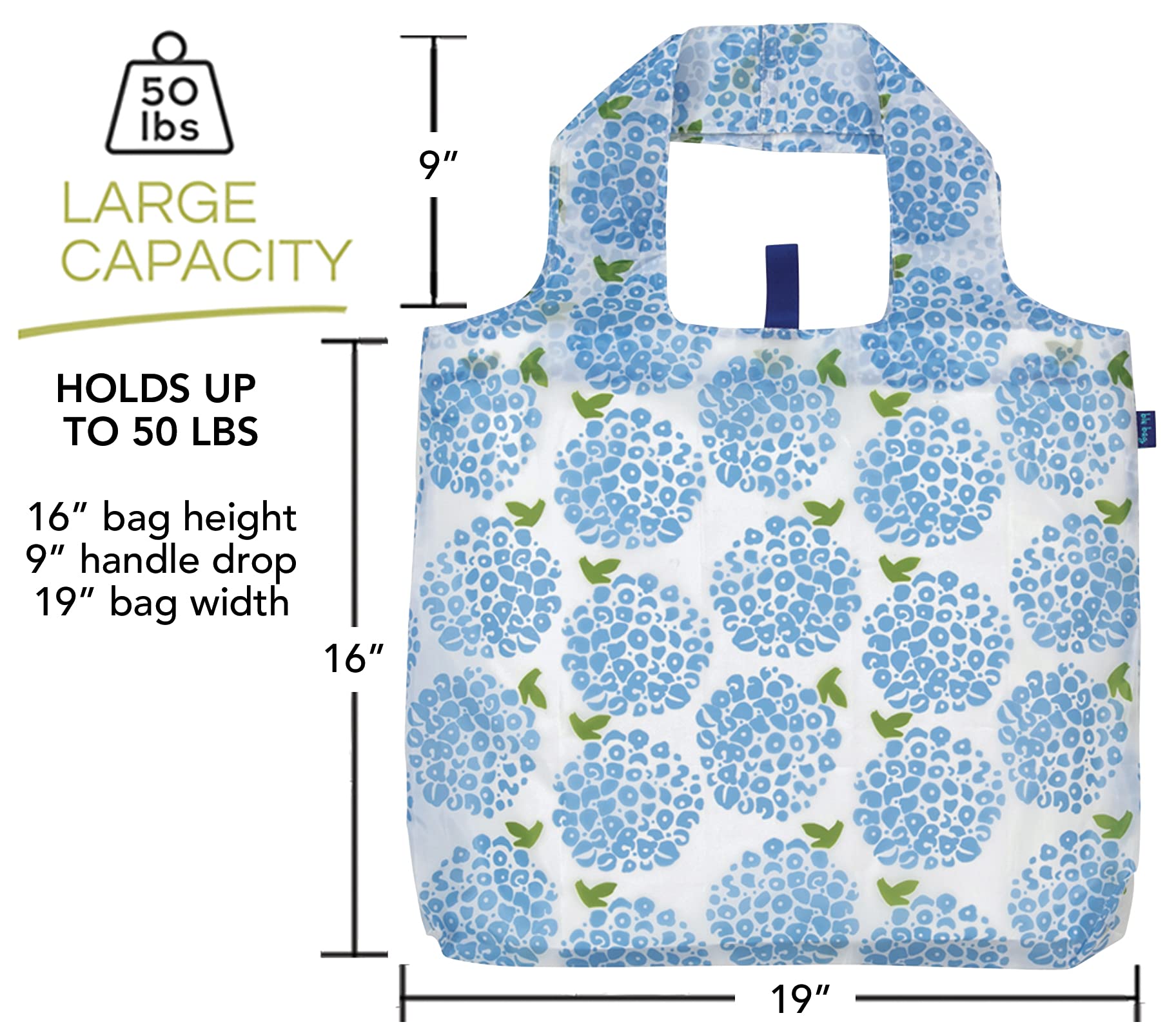 rockflowerpaper Reusable Grocery Bags for Shopping - Blue Hydrangea Pattern Blu Bag - Machine Washable, Foldable, Packable Tote - Large Handles - Heavy Duty and Lightweight - Zippered Top Pouch