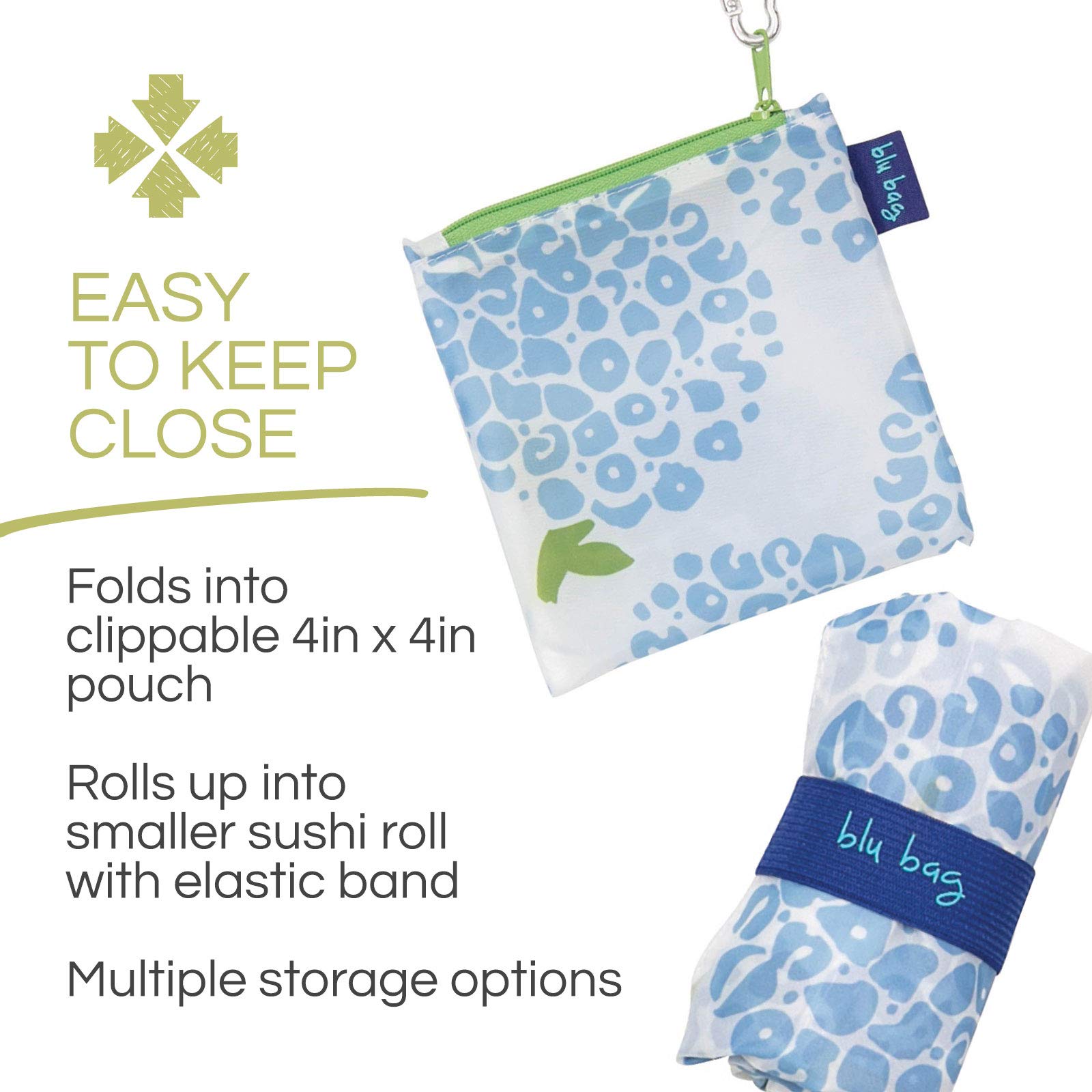 rockflowerpaper Reusable Grocery Bags for Shopping - Blue Hydrangea Pattern Blu Bag - Machine Washable, Foldable, Packable Tote - Large Handles - Heavy Duty and Lightweight - Zippered Top Pouch