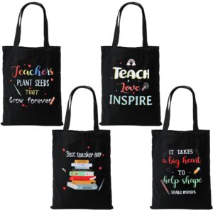 hillban 4 pcs teacher gifts for christmas teacher appreciation gifts canvas tote bag bulk, teacher gifts for christmas, graduation, back to school(black)