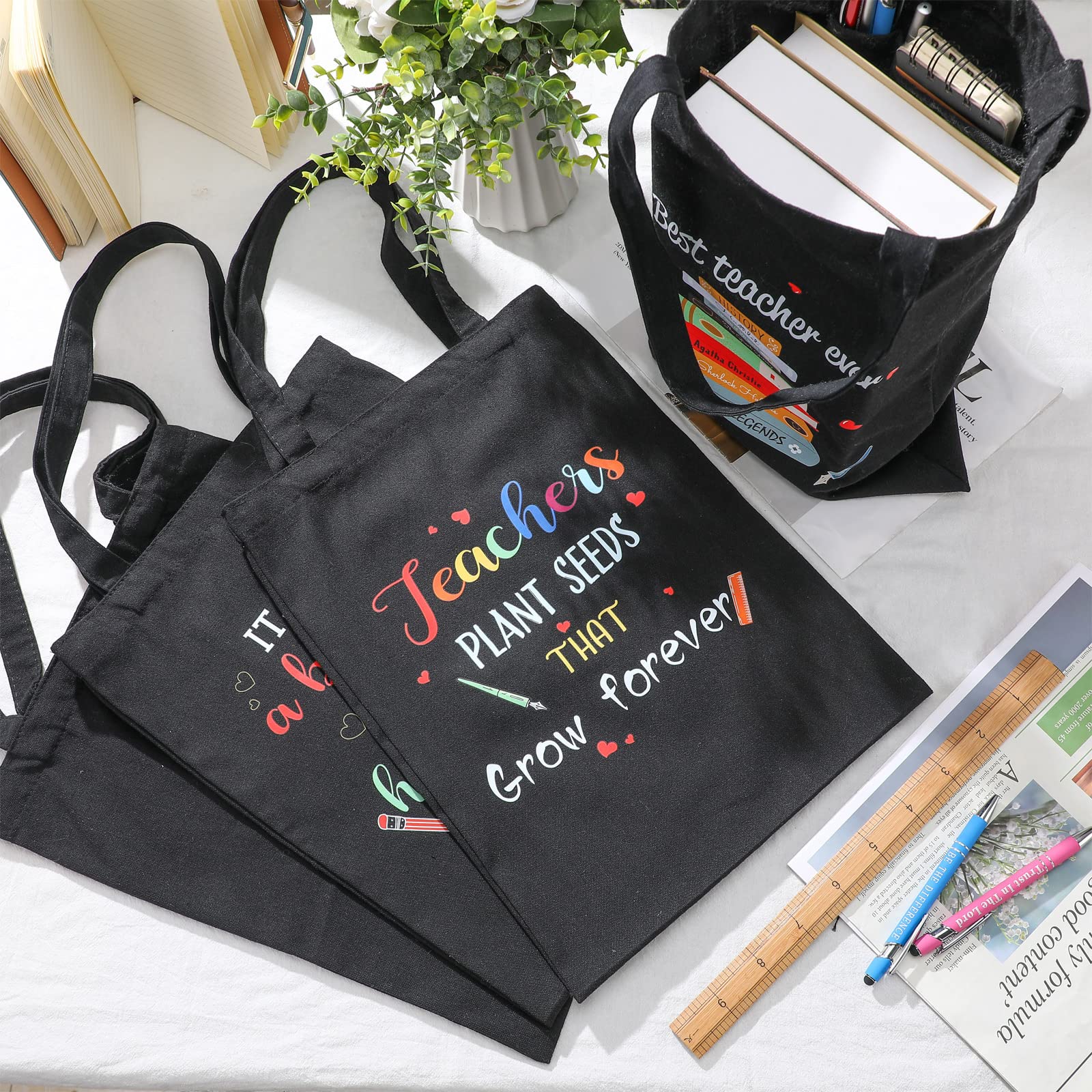 Hillban 4 Pcs Teacher Gifts for Christmas Teacher Appreciation Gifts Canvas Tote Bag Bulk, Teacher Gifts for Christmas, Graduation, Back to School(Black)