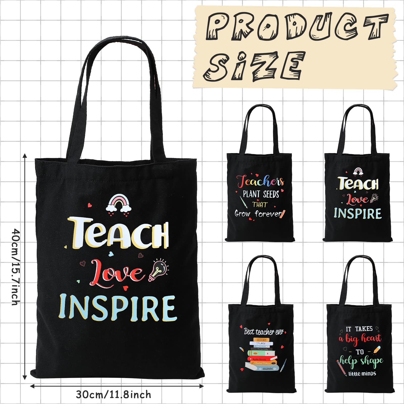 Hillban 4 Pcs Teacher Gifts for Christmas Teacher Appreciation Gifts Canvas Tote Bag Bulk, Teacher Gifts for Christmas, Graduation, Back to School(Black)