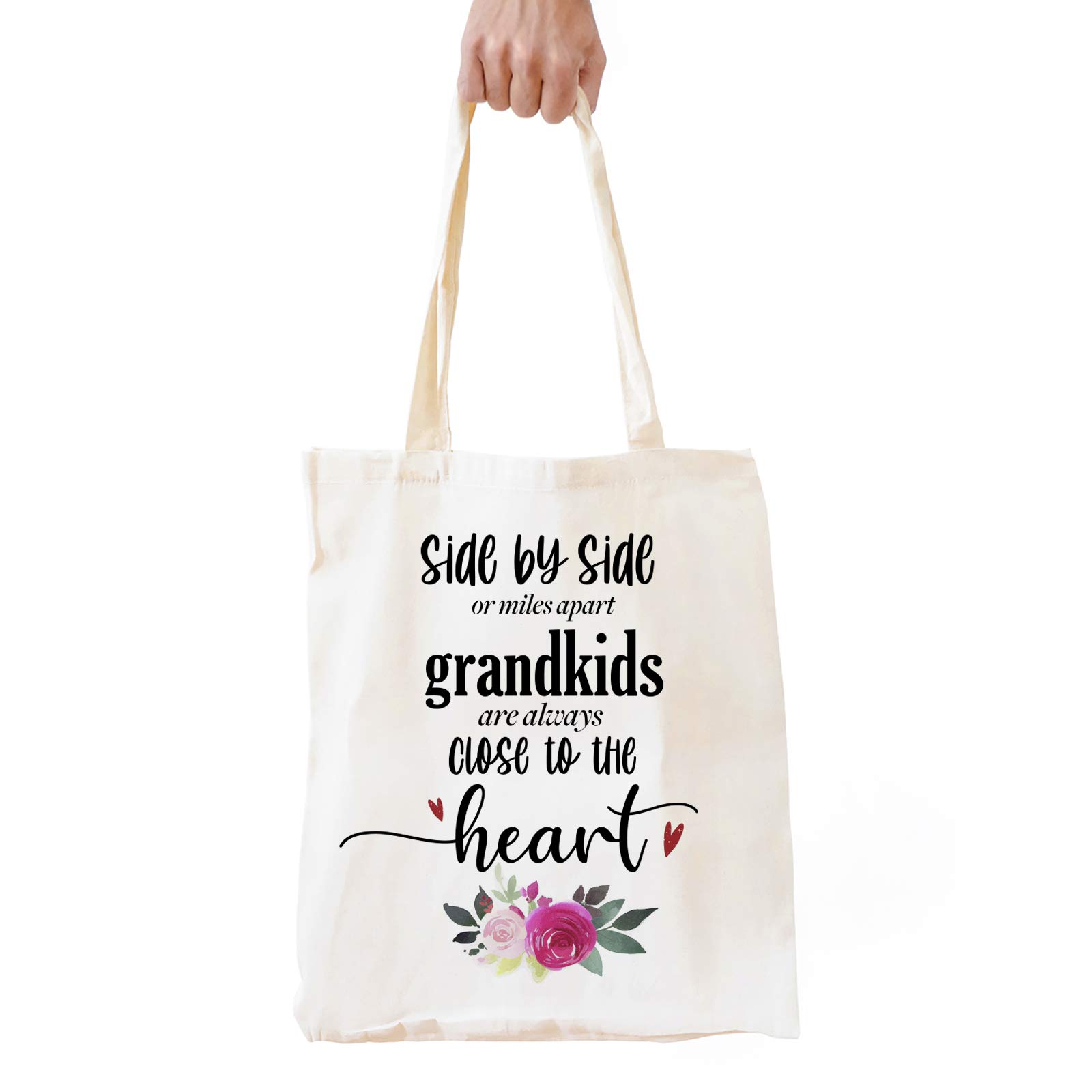 Best Grandma Gifts from Grandson and Granddaughter Funny Side by Side Grandkids Grandma Natural Cotton Reusable Tote Bag Shopping Bag Shoulder Bag Gifts for Birthday/Thanksgiving/Christmas