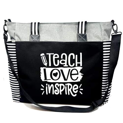 Brooke & Jess Designs Teach Love Inspire Gray Teacher Laptop Tote Bag for Work, Travel - Best Teacher Appreciation Day Gift, Birthday