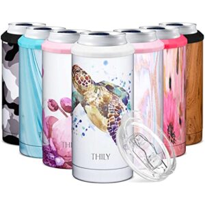 thily skinny can cooler with lid, vacuum insulated drink sleeve holder for 12 oz slim cans | 2 in 1 stainless steel travel insulated tumbler, for slim beer & hard seltzer, sea turtle
