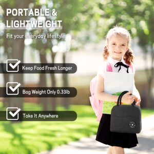 HUBAKO Small Portable Cute Lunch Bag for Boys Girls, Reusable Snack Bags with Front Pocket for Picnic Office Work Outdoor (Black)