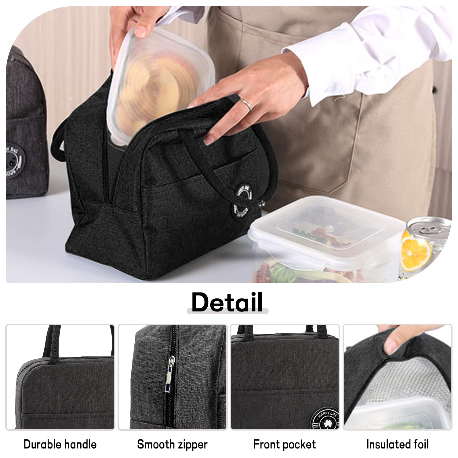 HUBAKO Small Portable Cute Lunch Bag for Boys Girls, Reusable Snack Bags with Front Pocket for Picnic Office Work Outdoor (Black)