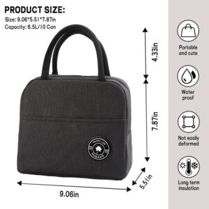 HUBAKO Small Portable Cute Lunch Bag for Boys Girls, Reusable Snack Bags with Front Pocket for Picnic Office Work Outdoor (Black)