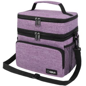 opux insulated lunch bag for men women, large dual compartment cooler bag, soft two deck lunch box for work school picnic, leakproof lunch tote with shoulder strap for kid adult (purple, double deck)