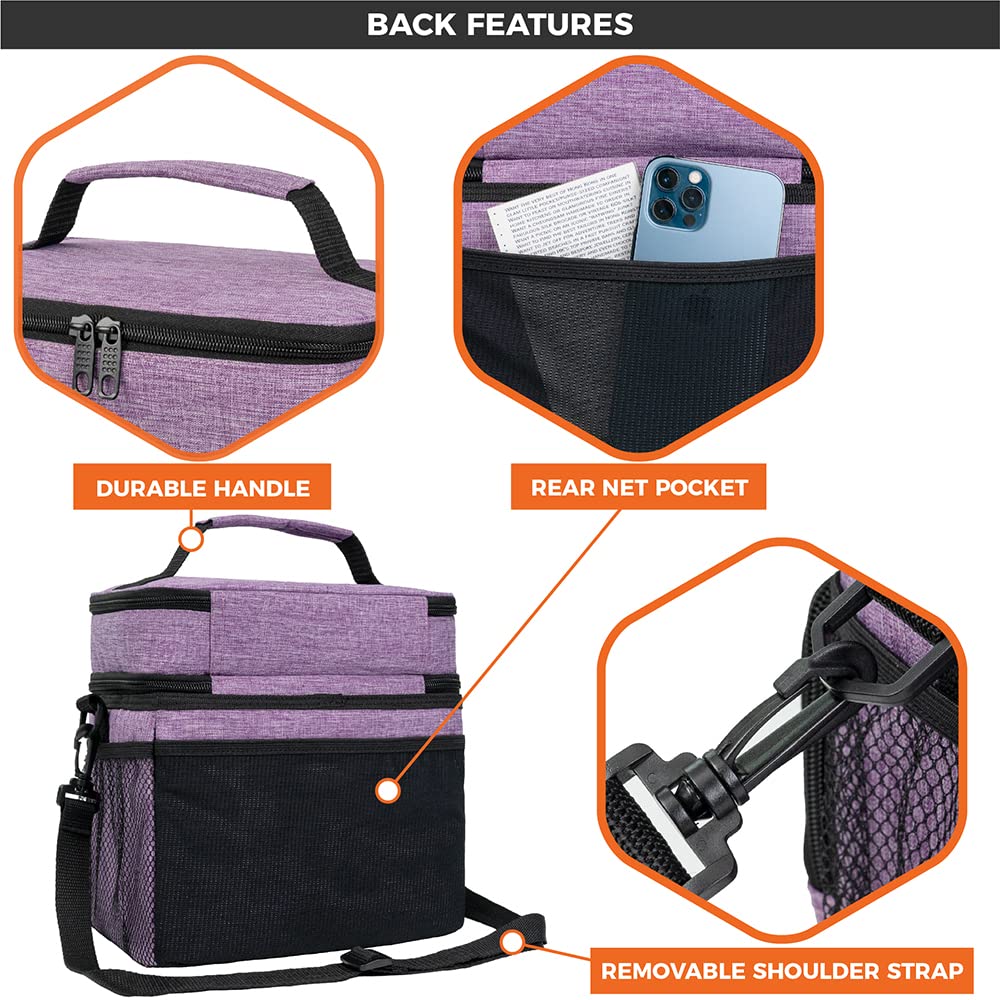 opux Insulated Lunch Bag for Men Women, Large Dual Compartment Cooler Bag, Soft Two Deck Lunch Box for Work School Picnic, Leakproof Lunch Tote with Shoulder Strap for Kid Adult (Purple, Double Deck)