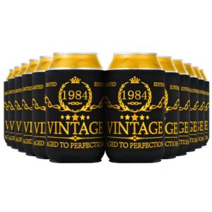 crisky vintage 1984 can coolers 40th birthday beer sleeve party favor 40th birthday decoarions black and gold, can insulated covers neoprene coolers for soda, beer, beverage 12 pcs